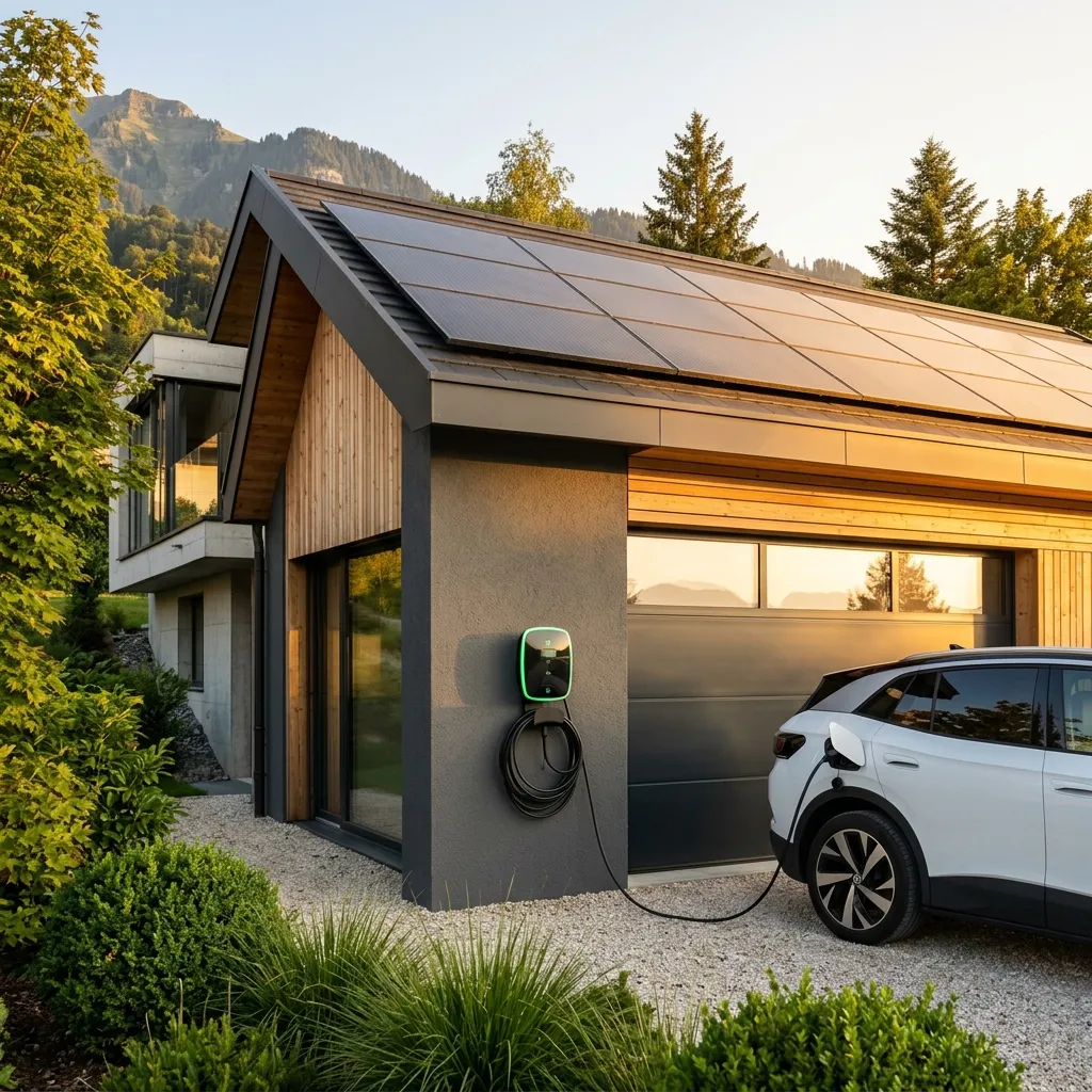 Ladestation und Solaranlage an einem Schweizer Wohnhaus