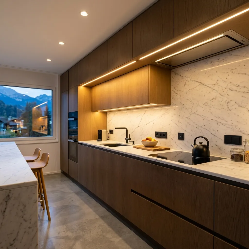 Moderne Schweizer Küche nach Renovation mit LED-Beleuchtung