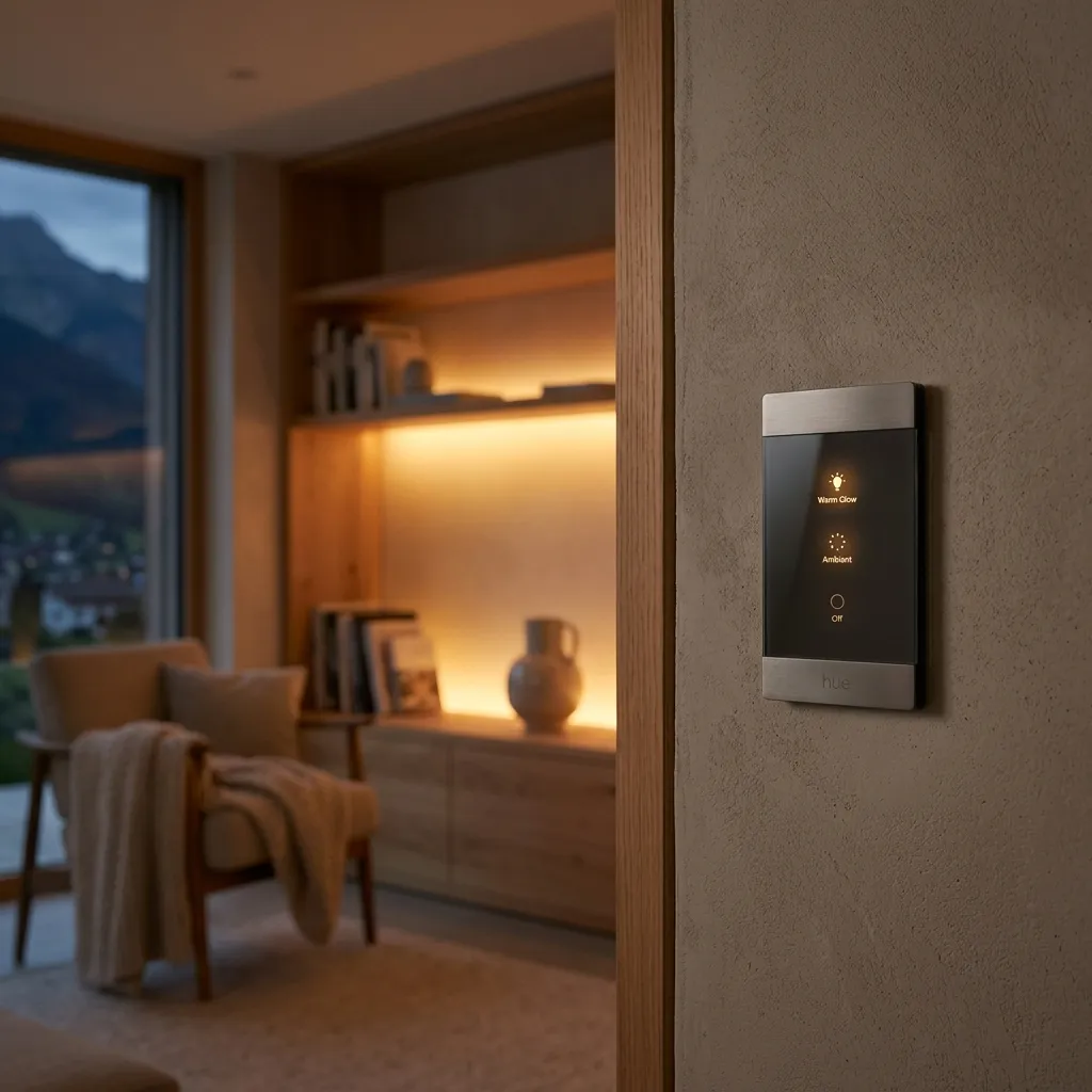 Modernes Wohnzimmer mit Smart-Home-Beleuchtung und Hue-Steuerung